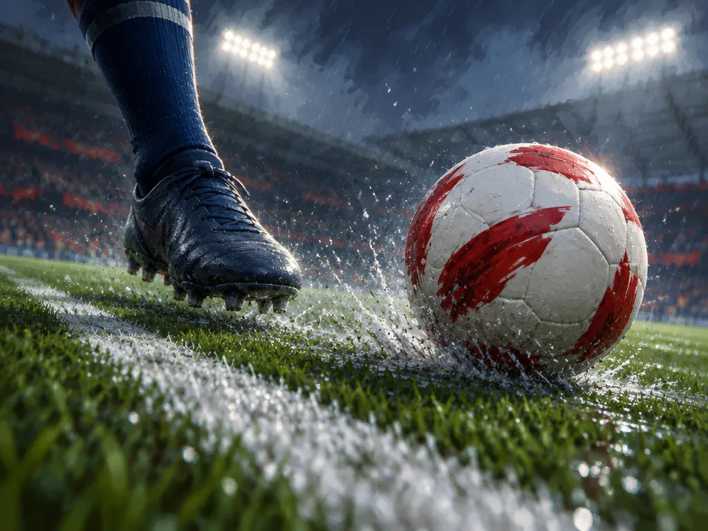 Bola merah putih tergelincir di rumput basah, air menyembur dari lintasannya, sepatu biru tua tepat di belakangnya dan garis kapur di tepi.