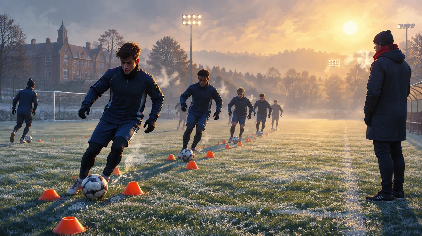 Latihan pagi di akademi Harrowby: pemain muda berbaju training biru tua menggiring bola di antara kerucut oranye di atas rumput berembun beku, pelatih mengawasi dari tepi lapangan.
