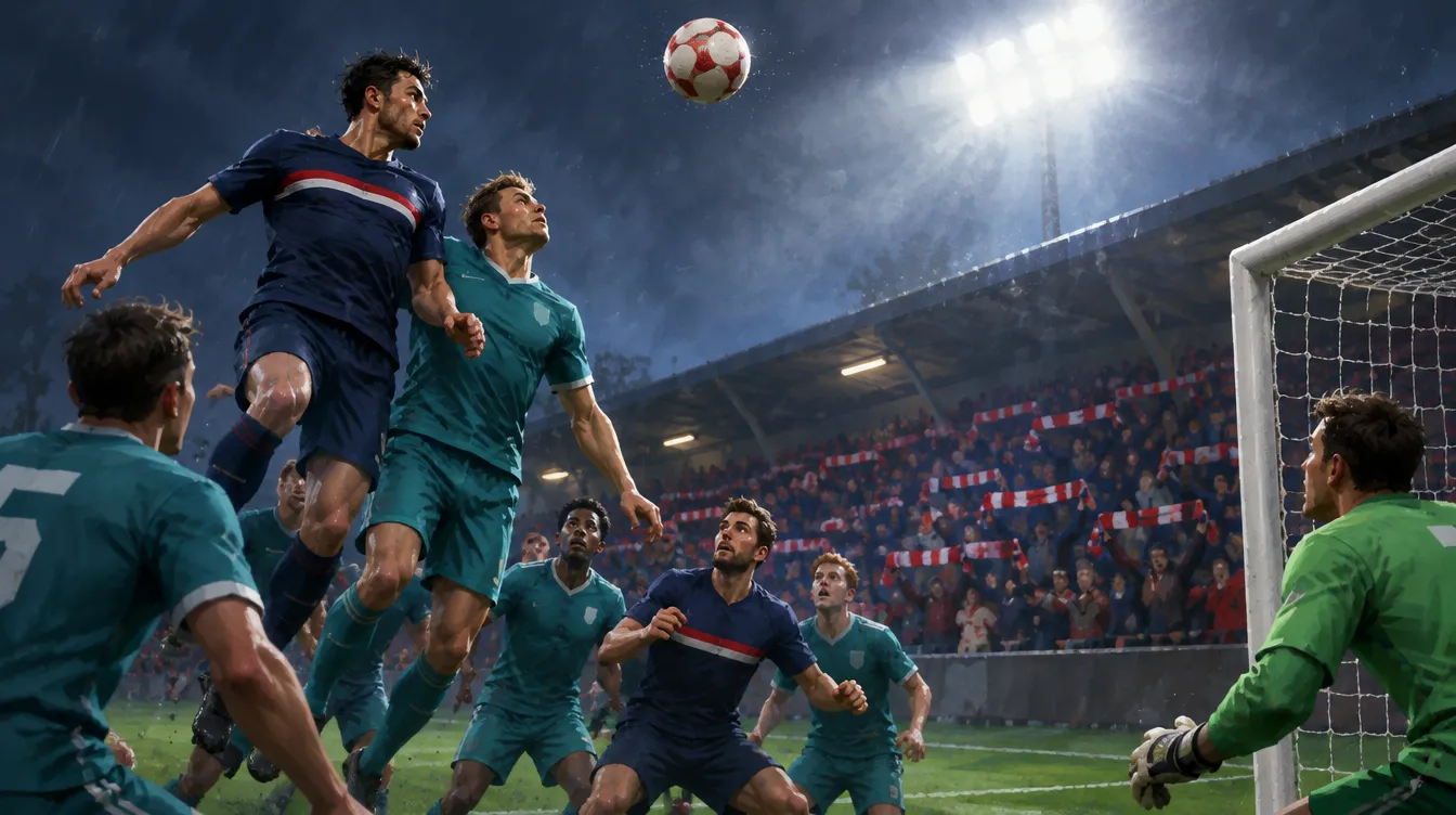 Matchday malam di Ropewalk: penyerang Harrowby berbaju biru tua melompat menyundul bola sepak pojok di atas bek Kellsport berbaju teal, tribun di belakang gawang penuh syal terangkat.