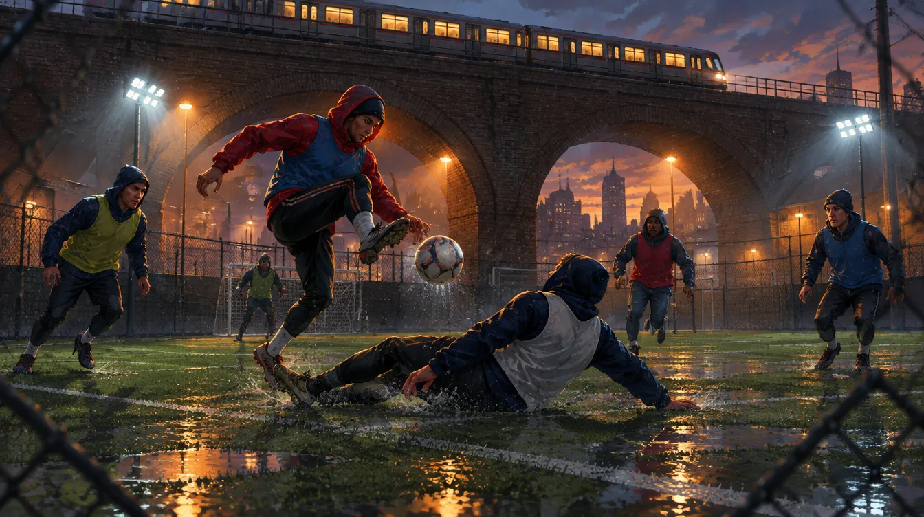 Terrace Cup di lapangan berpagar di bawah viaduk kereta saat senja hujan: satu pemain berkerudung mencungkil bola melewati lawan yang meluncur, genangan memantulkan lampu jalan.