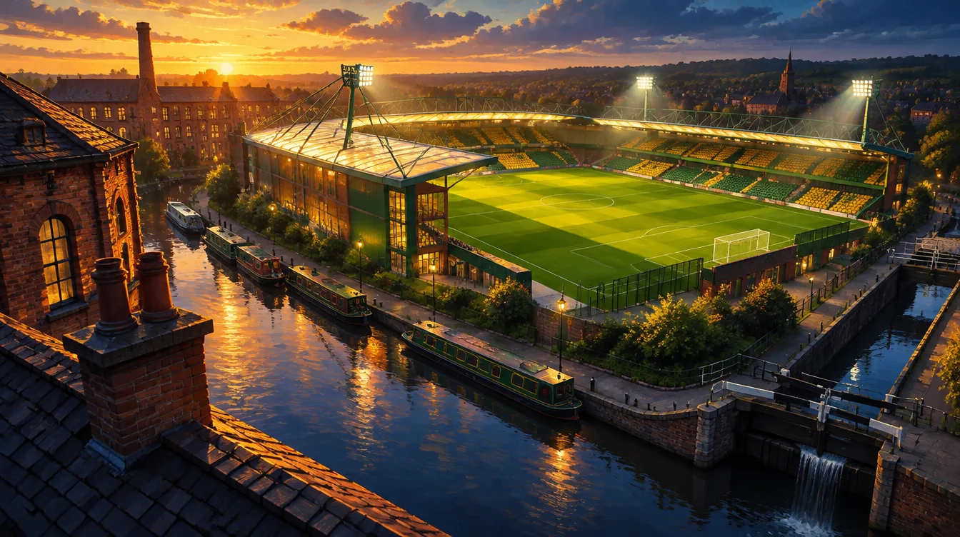Lockside saat matahari terbenam: stadion modern berkursi kuning dan hijau botol di tepi kanal, perahu kanal tertambat, pabrik bata di kiri.