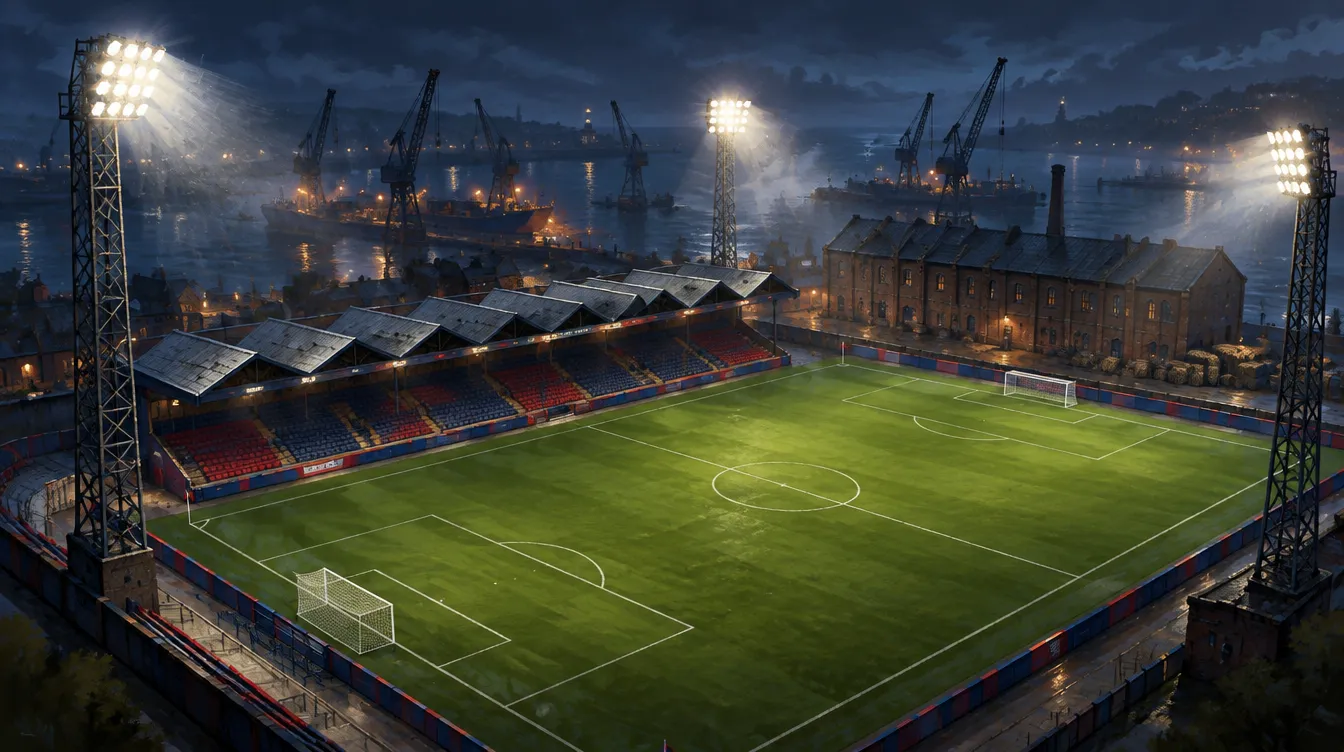 Ropewalk pada malam gerimis: stadion sempit di samping gudang tali bata, tribun biru tua dan merah beratap gergaji, empat menara lampu kisi, derek pelabuhan di belakang.